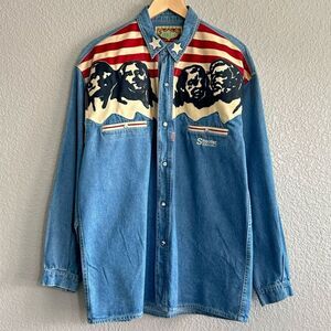 Vintage Mount Rushmore Denim Shirt Snap Button Up Shooter Collared Leather Sz XL